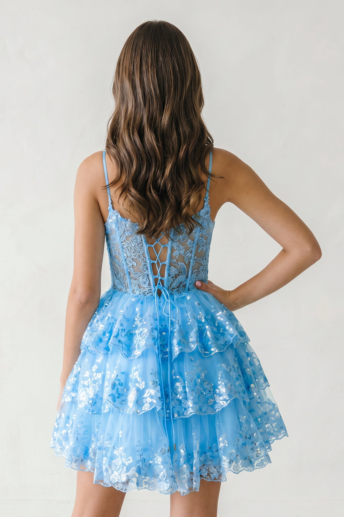 A- Line Sky Blue Sequins Multi-Layers Short Homecoming Dress