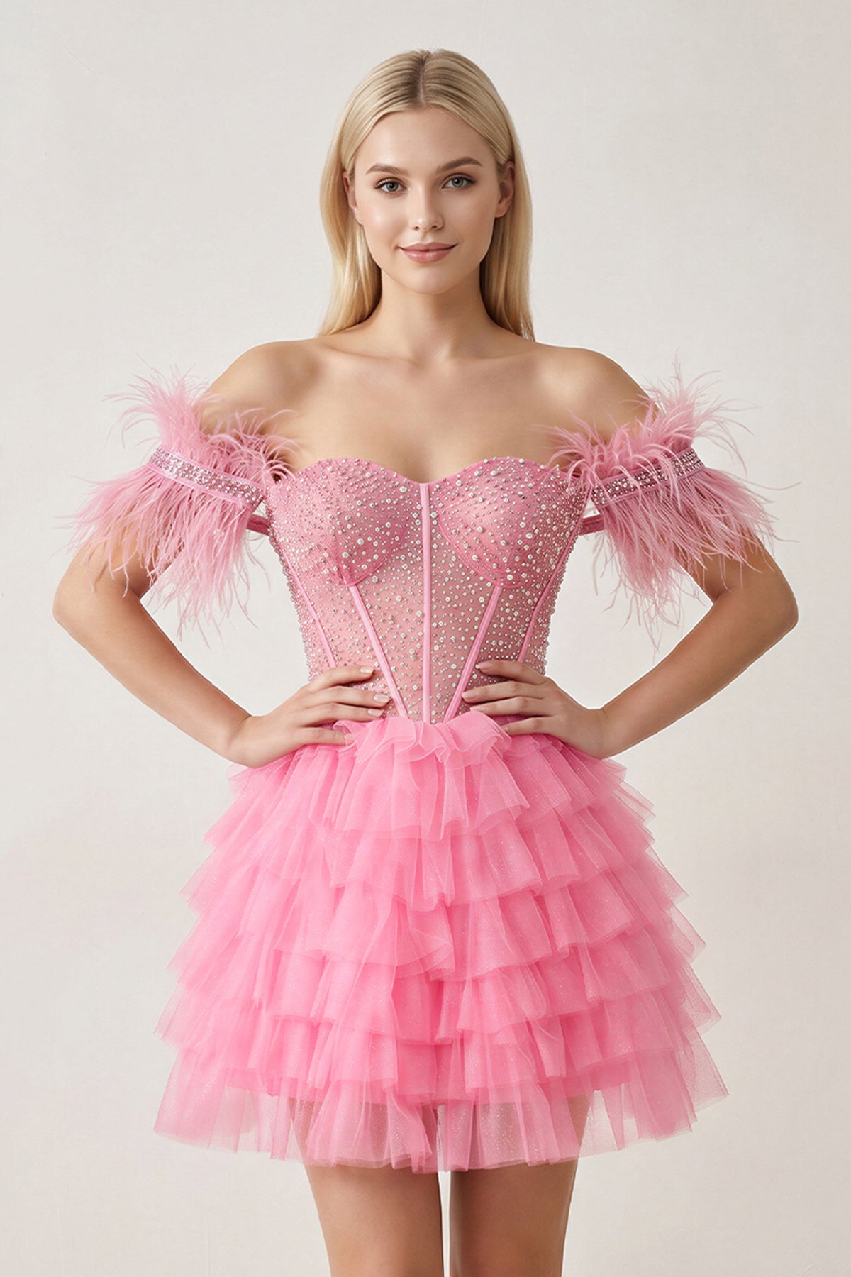A Line Off the Shoulder Beaded Homecoming Dress with Feathers