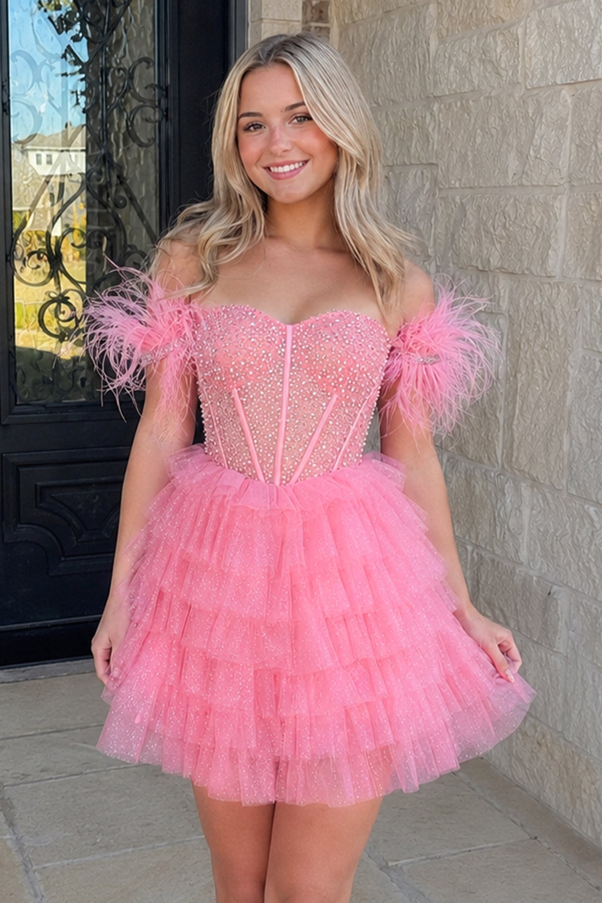 A Line Off the Shoulder Beaded Homecoming Dress with Feathers