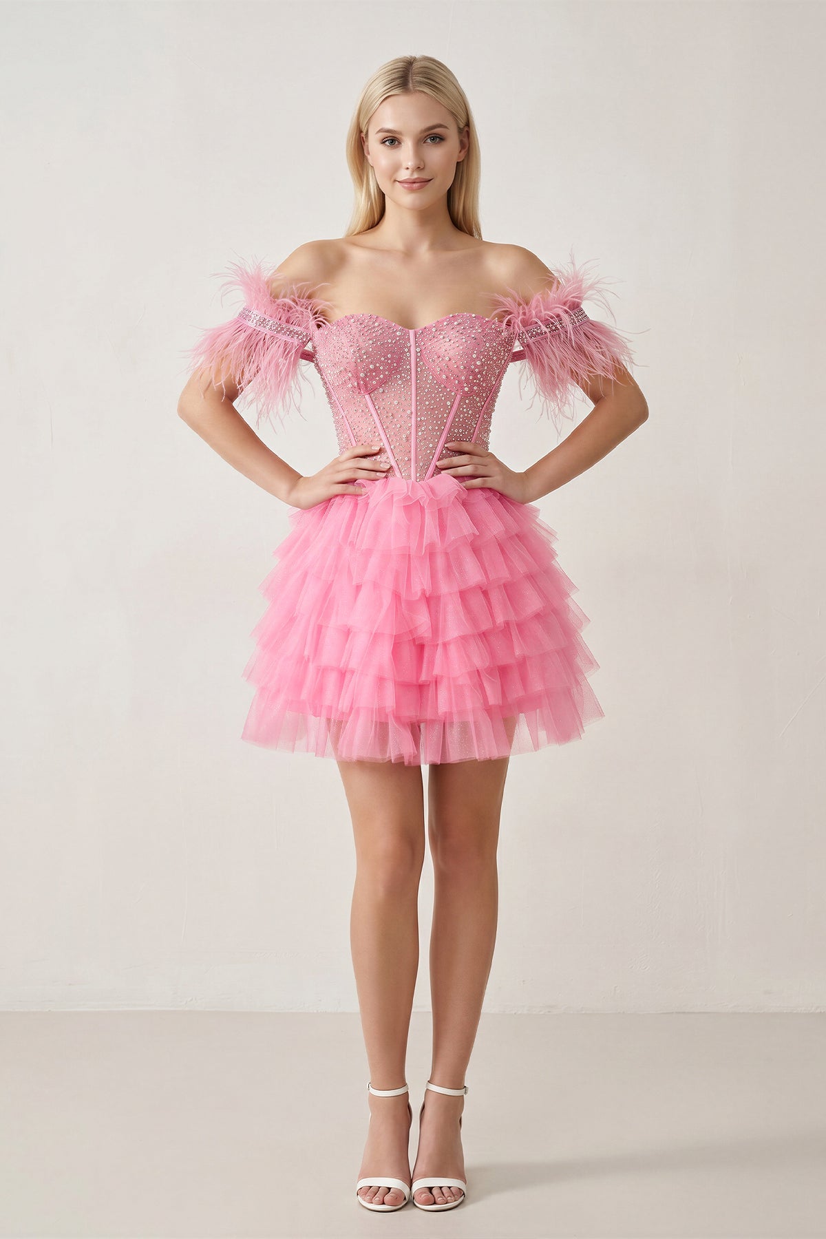 A Line Off the Shoulder Beaded Homecoming Dress with Feathers