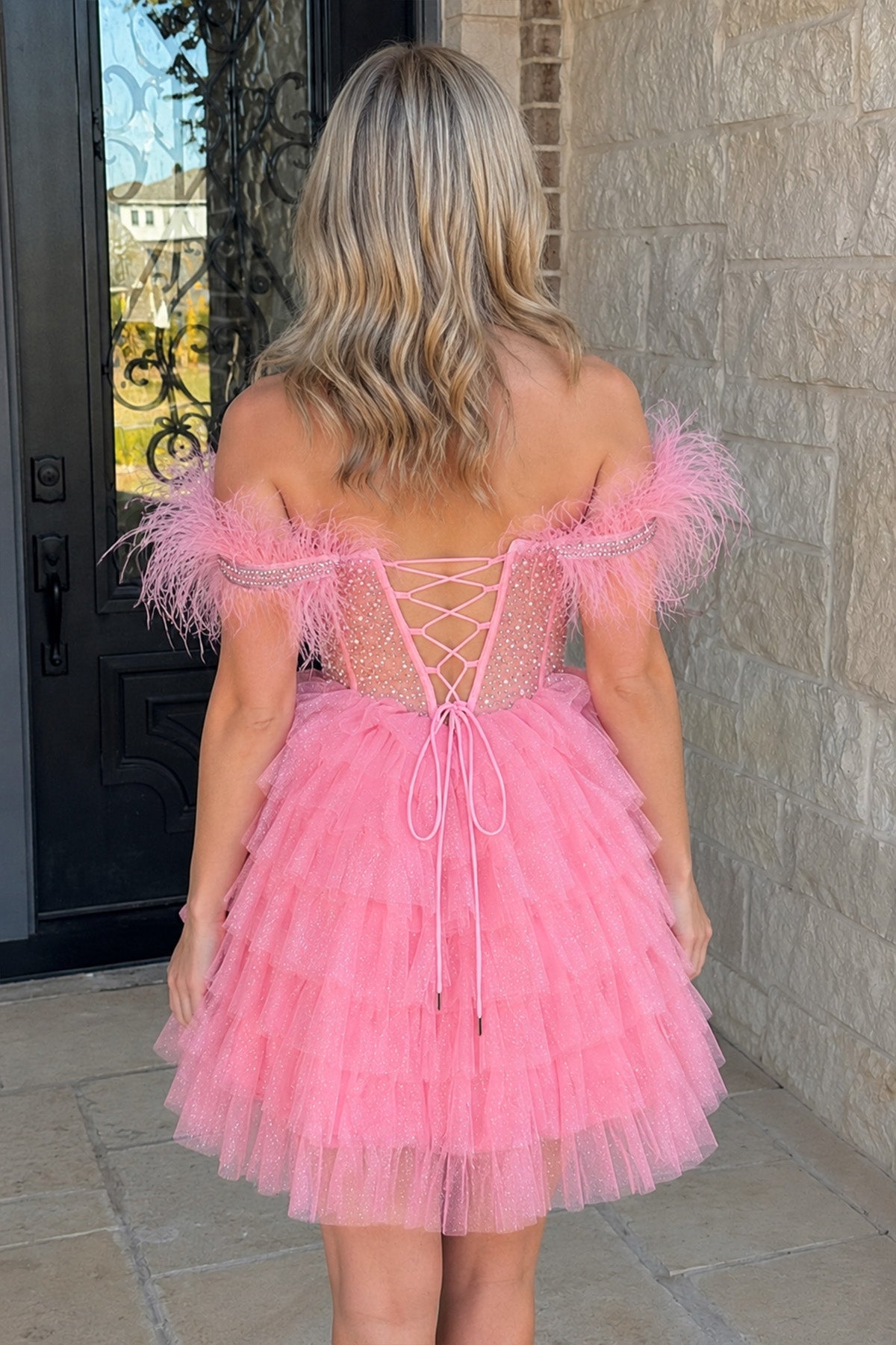 A Line Off the Shoulder Beaded Homecoming Dress with Feathers