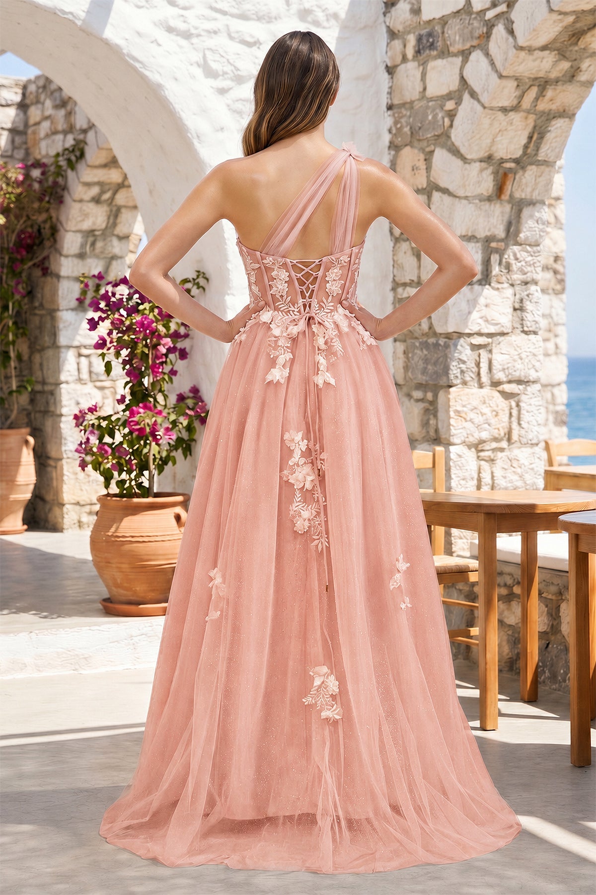 A Line One Shoulder Black Long Prom Dress with Appliques