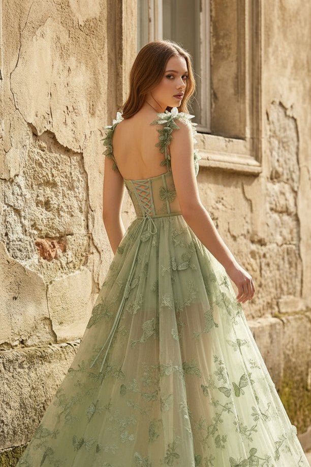 A-line Butterfly Lace Lilac Corset Prom Dress with Slit