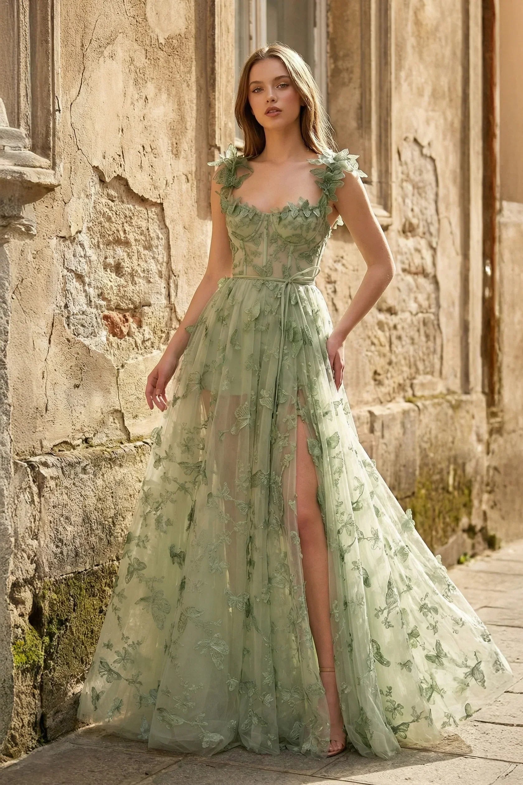 A-line Butterfly Lace Lilac Corset Prom Dress with Slit