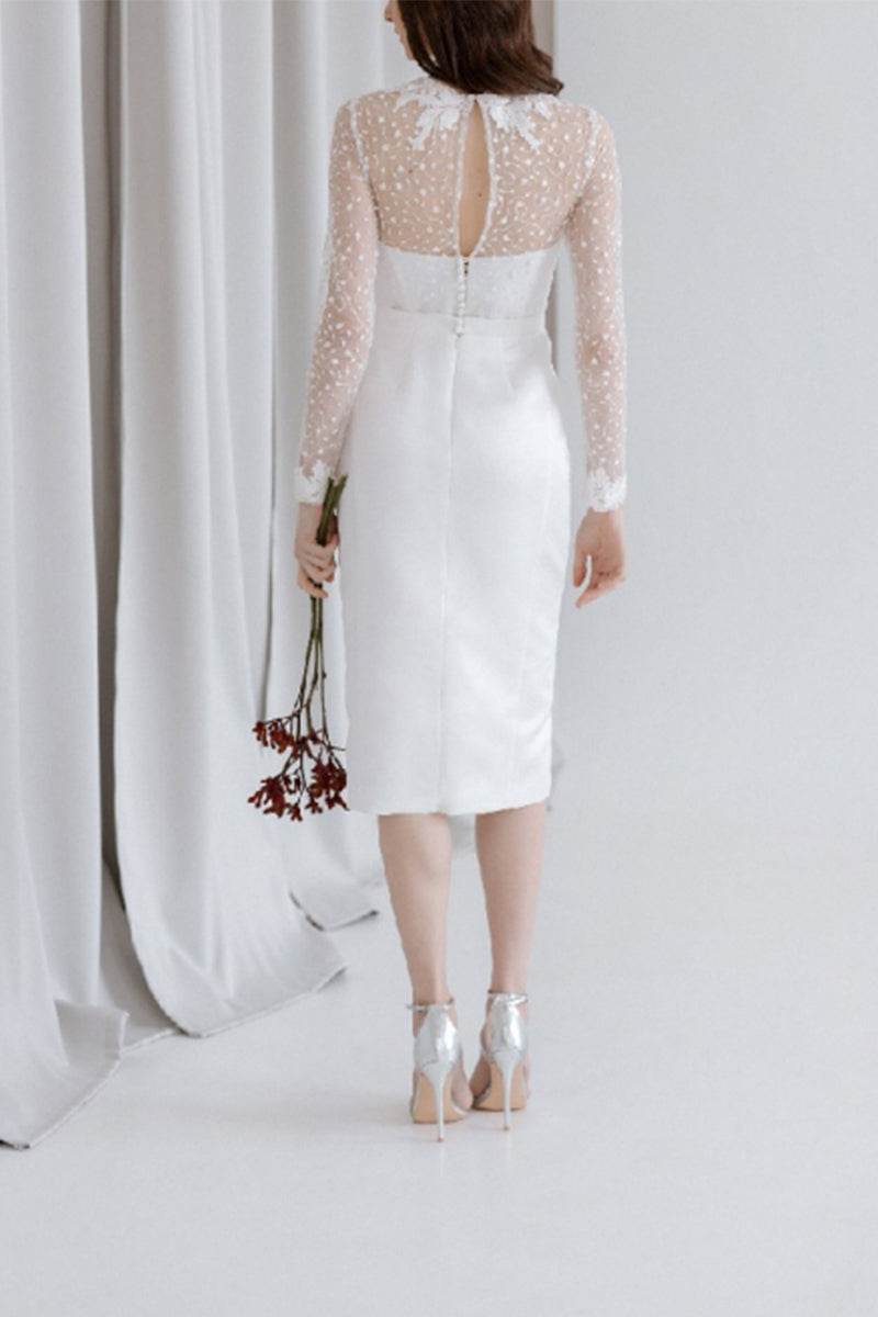Sheath-Column Tea Length Lace Satin Little White Dress 100002