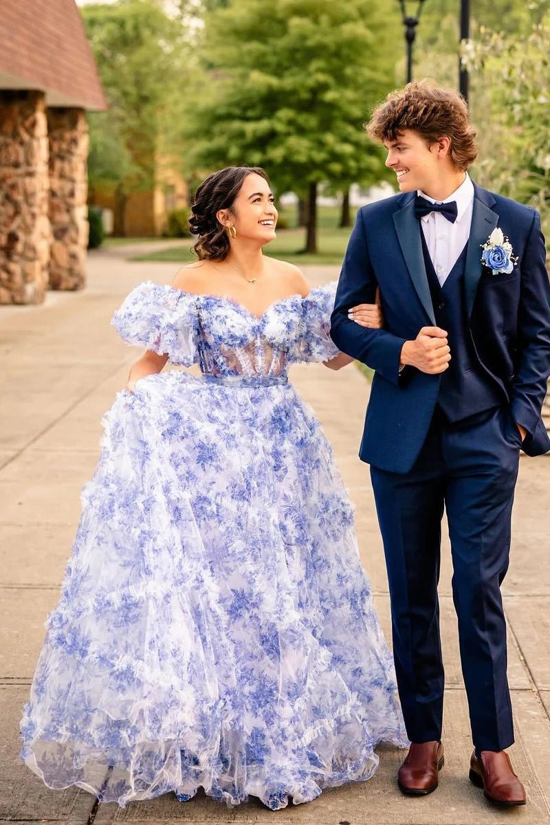 A Line Sweetheart Printed Tulle Long Prom Dress