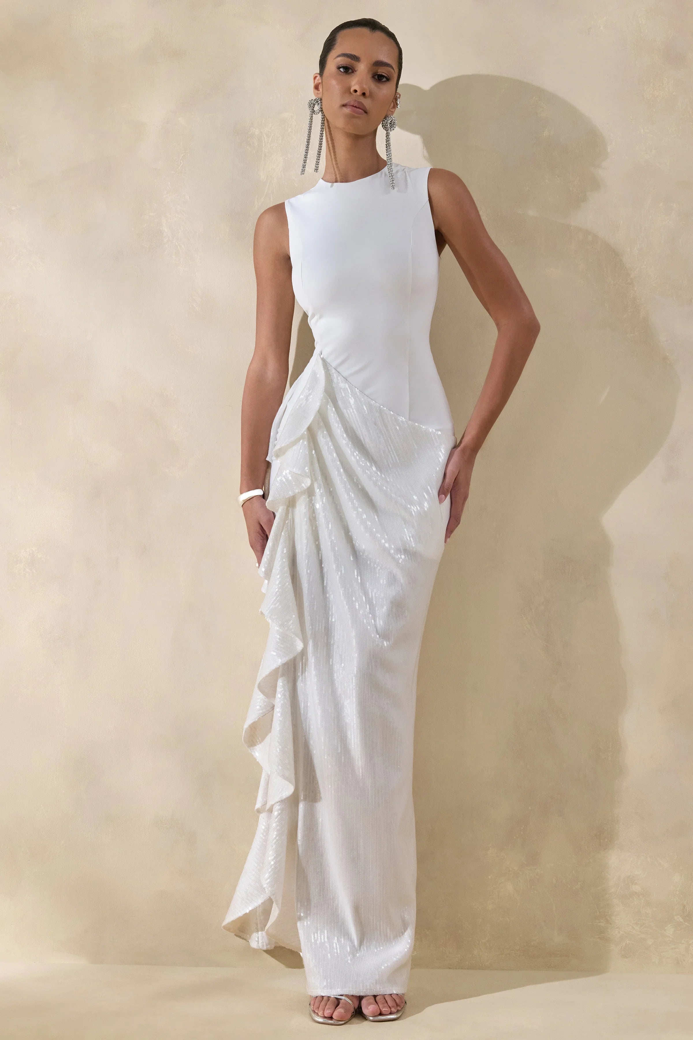 Ada | White Crew-Neck Maxi Dress With Sheer Skirt And Ruffled Detailing