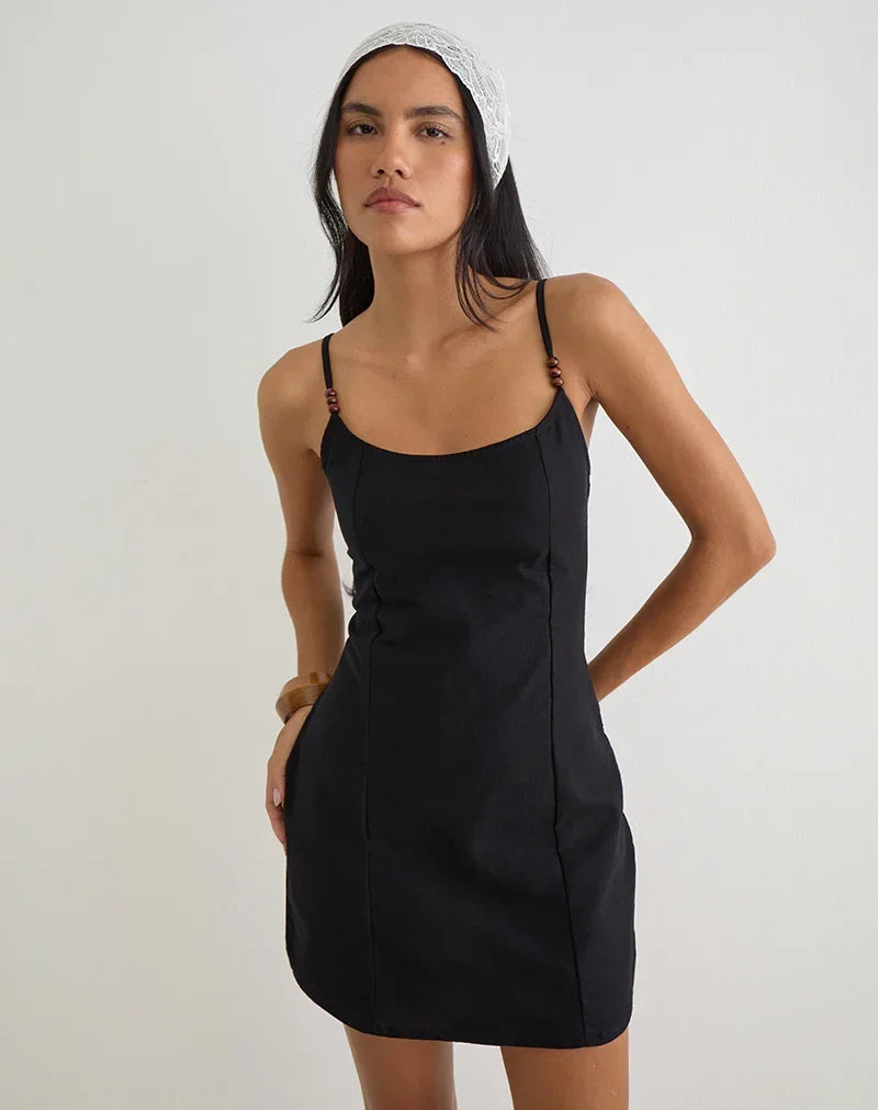 Ambra Scoop Mini Dress in Linen Black