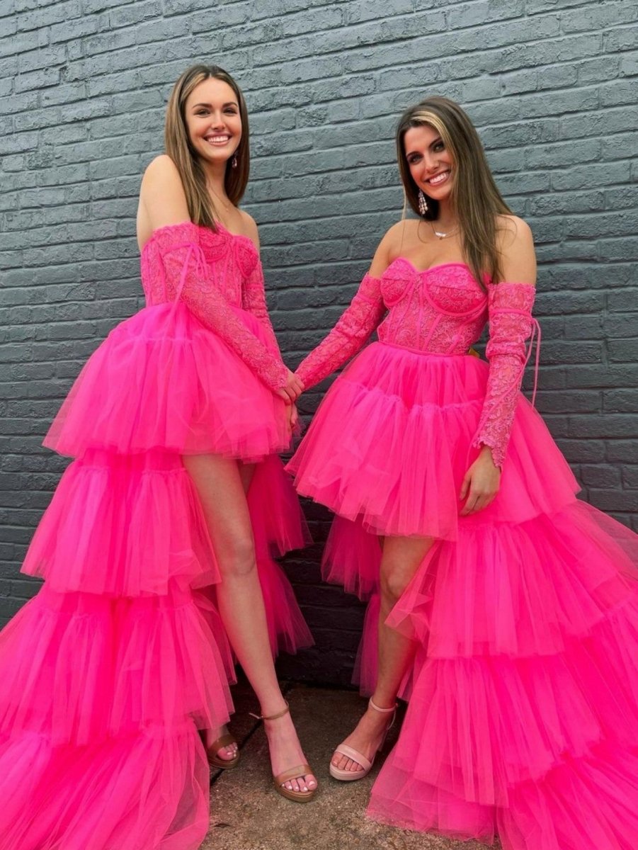 A-Line Asymmetrical Strapless Tiered Tulle Prom Dress