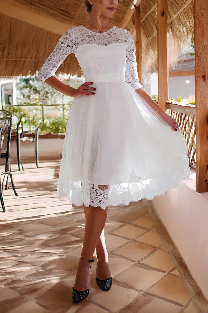 A-Line Tea Length Lace Tulle Little White Dress 100014