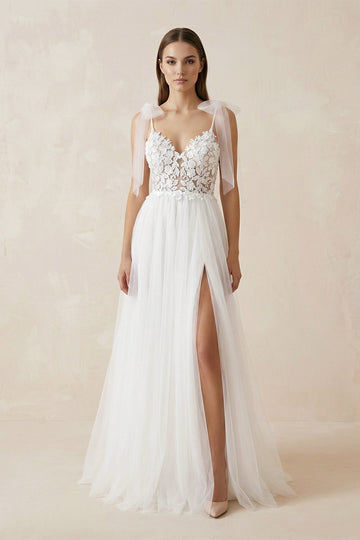 A Line V Neck Straps Tulle Split Wedding Dress/Bridal Gown with Lace