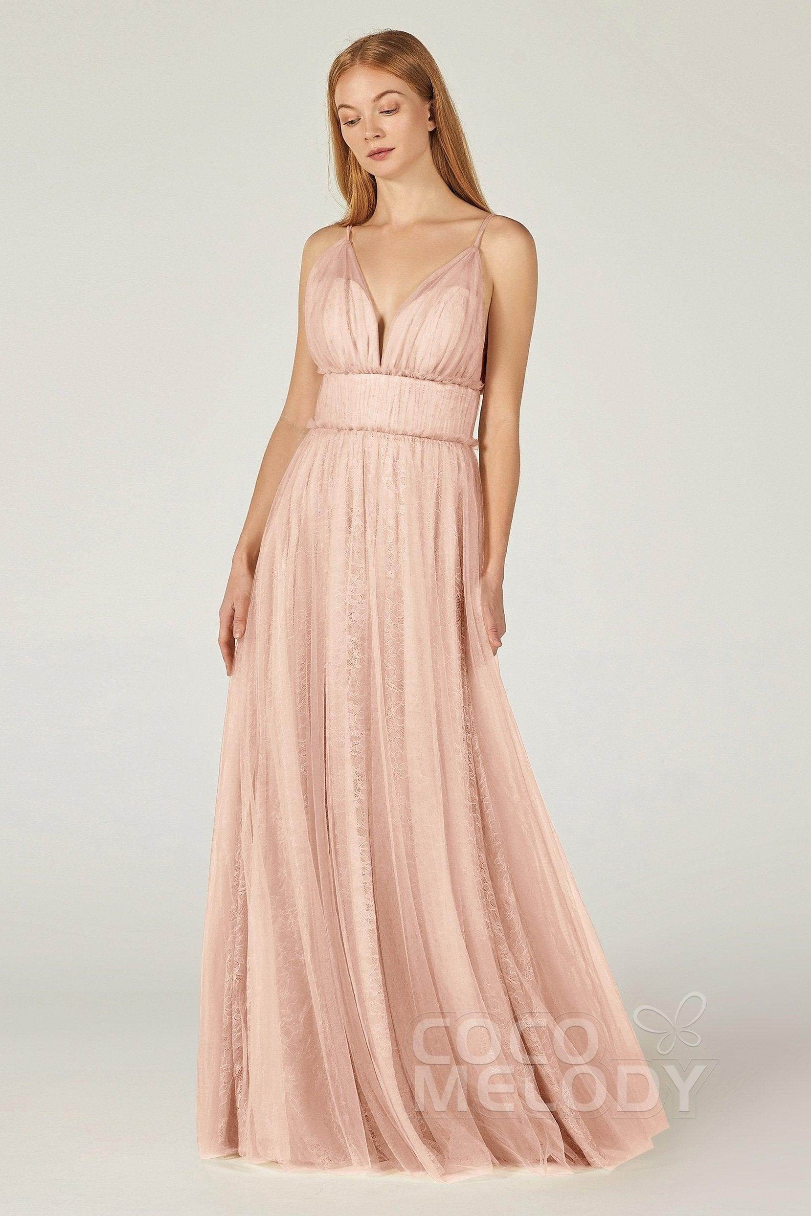 A-Line Floor Length Tulle Lace Bridesmaid Dress CB0374