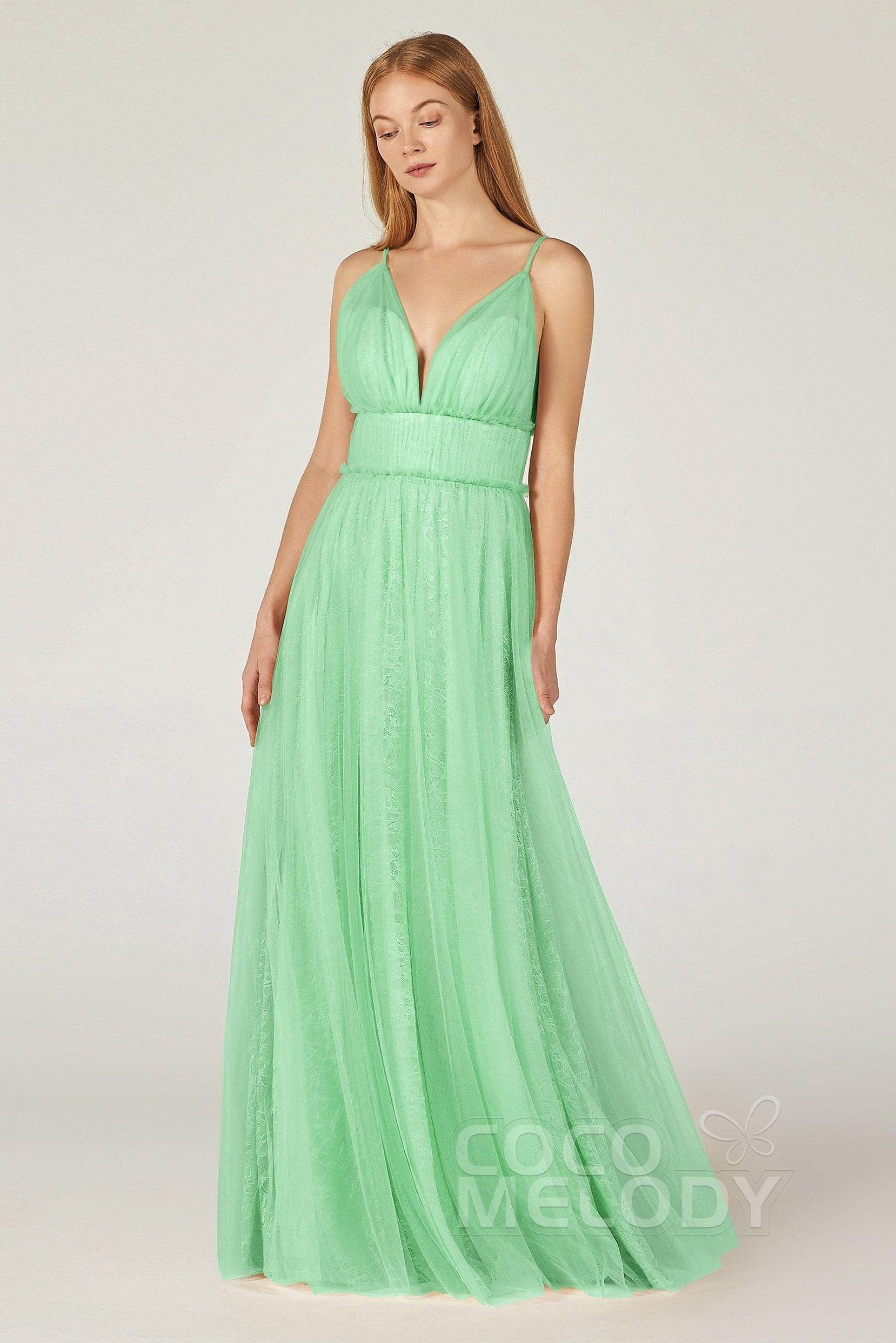 A-Line Floor Length Tulle Lace Bridesmaid Dress CB0374