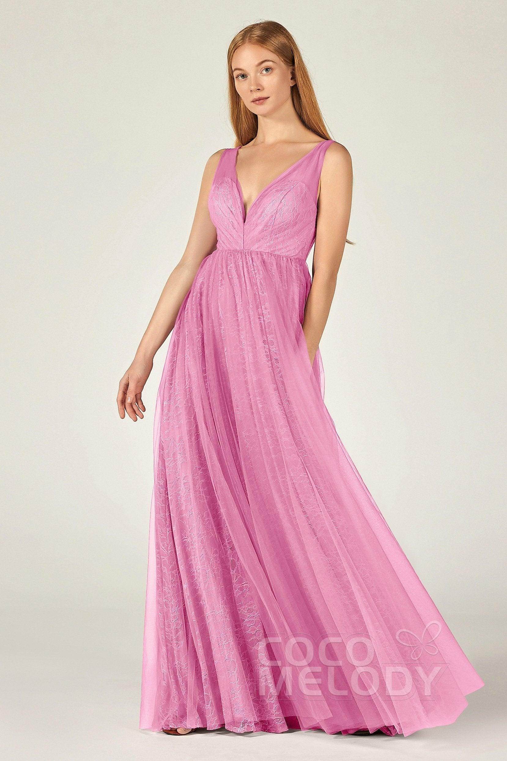 A-Line Floor Length Tulle Lace Bridesmaid Dress CB0375