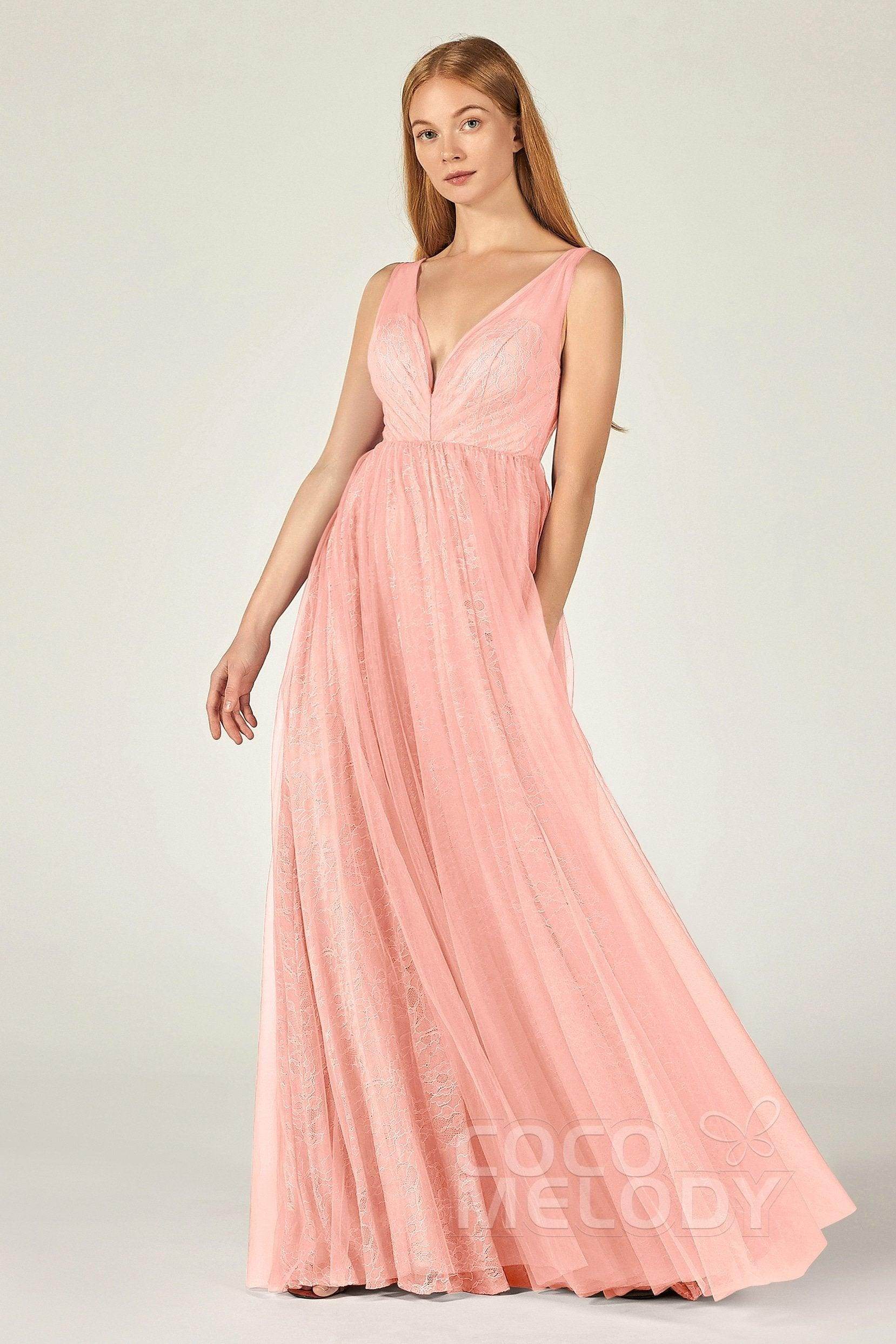 A-Line Floor Length Tulle Lace Bridesmaid Dress CB0375