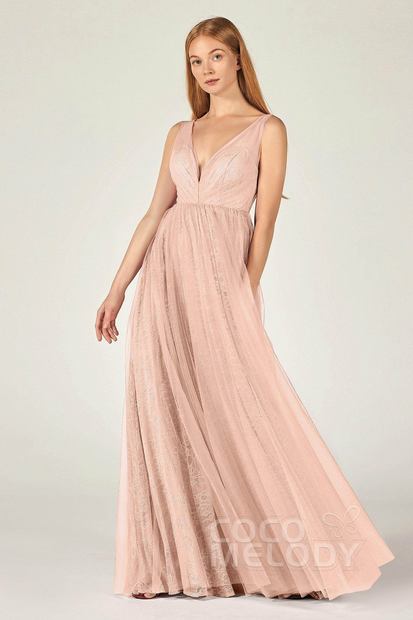 A-Line Floor Length Tulle Lace Bridesmaid Dress CB0375