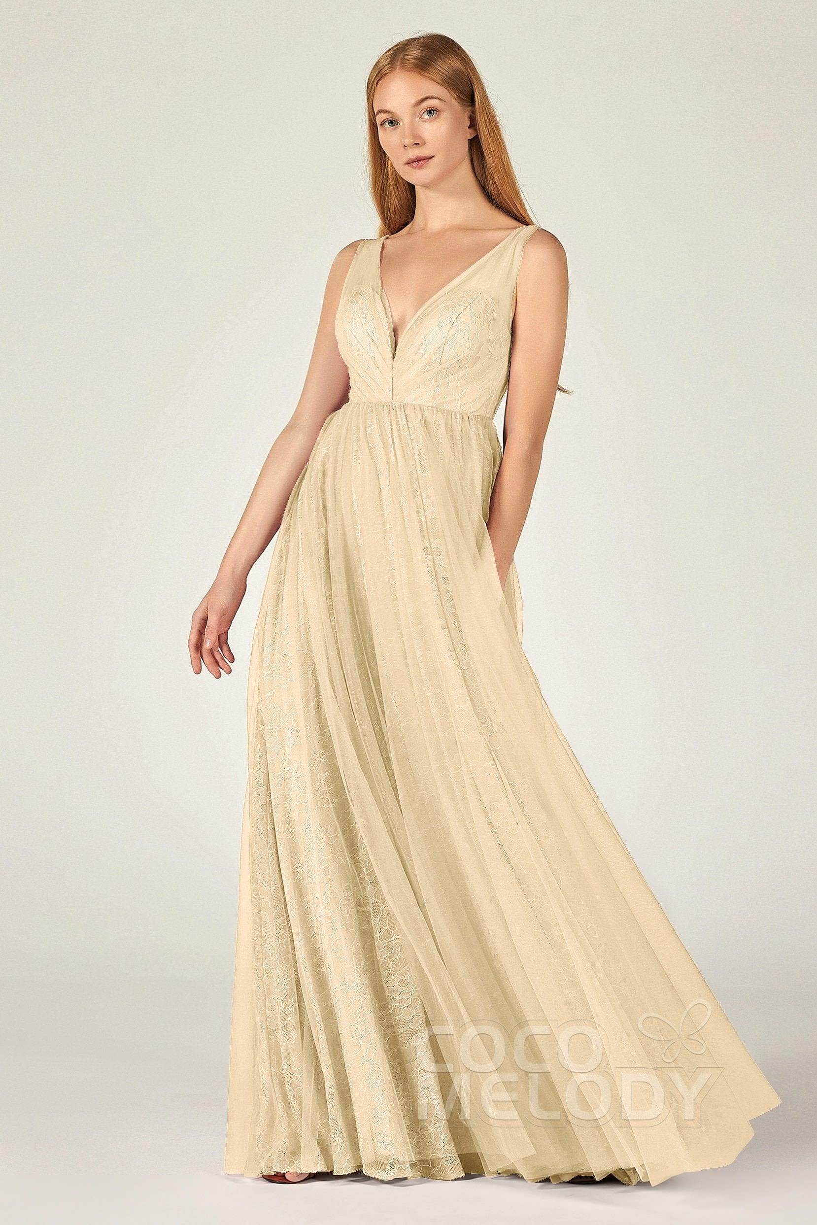 A-Line Floor Length Tulle Lace Bridesmaid Dress CB0375