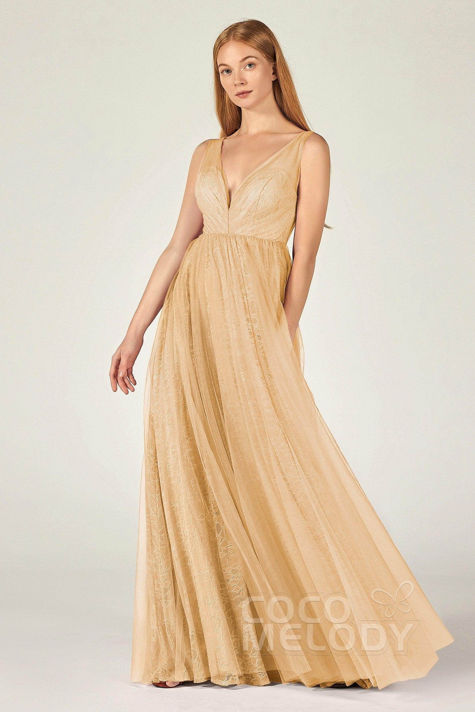 A-Line Floor Length Tulle Lace Bridesmaid Dress CB0375