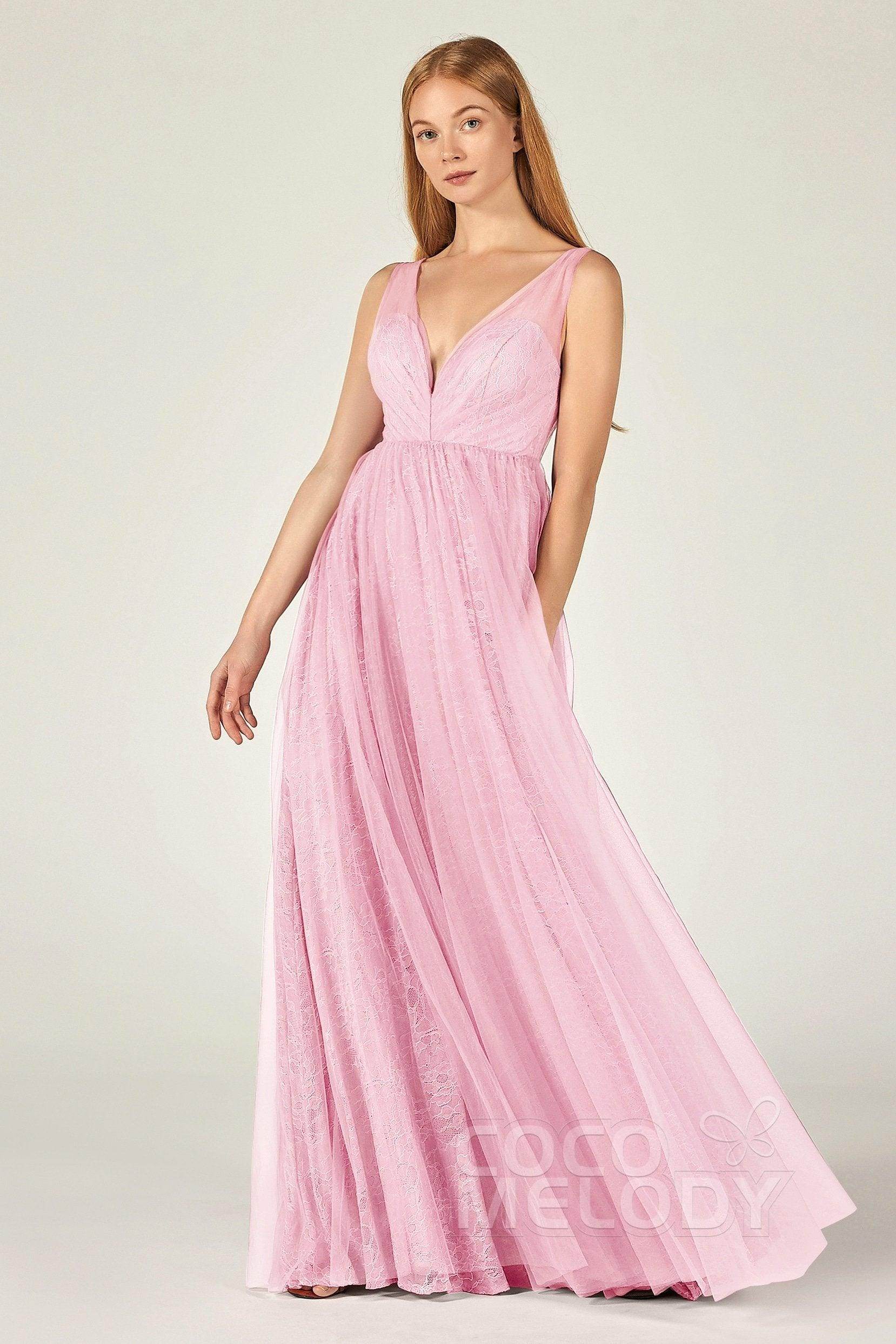 A-Line Floor Length Tulle Lace Bridesmaid Dress CB0375