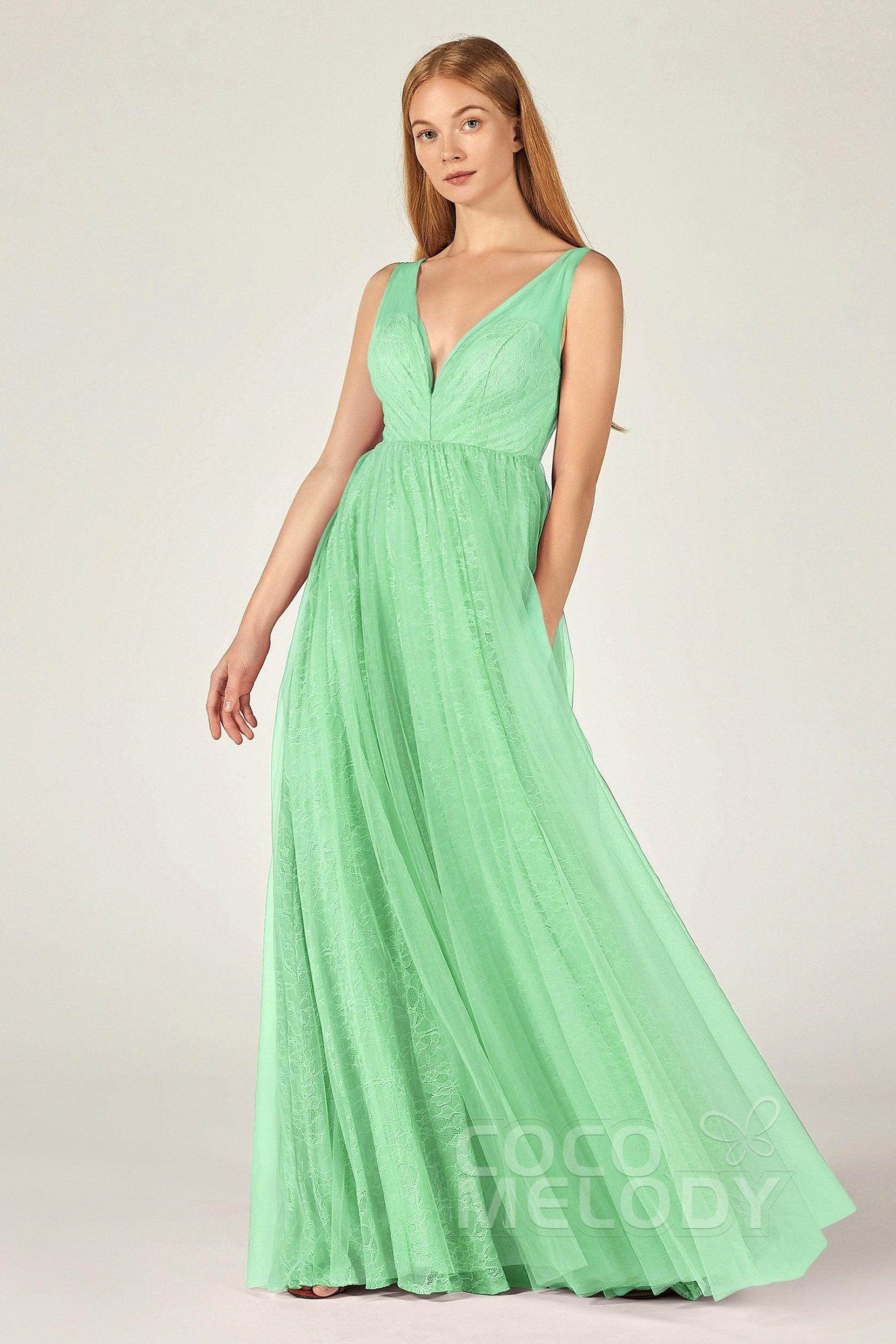 A-Line Floor Length Tulle Lace Bridesmaid Dress CB0375