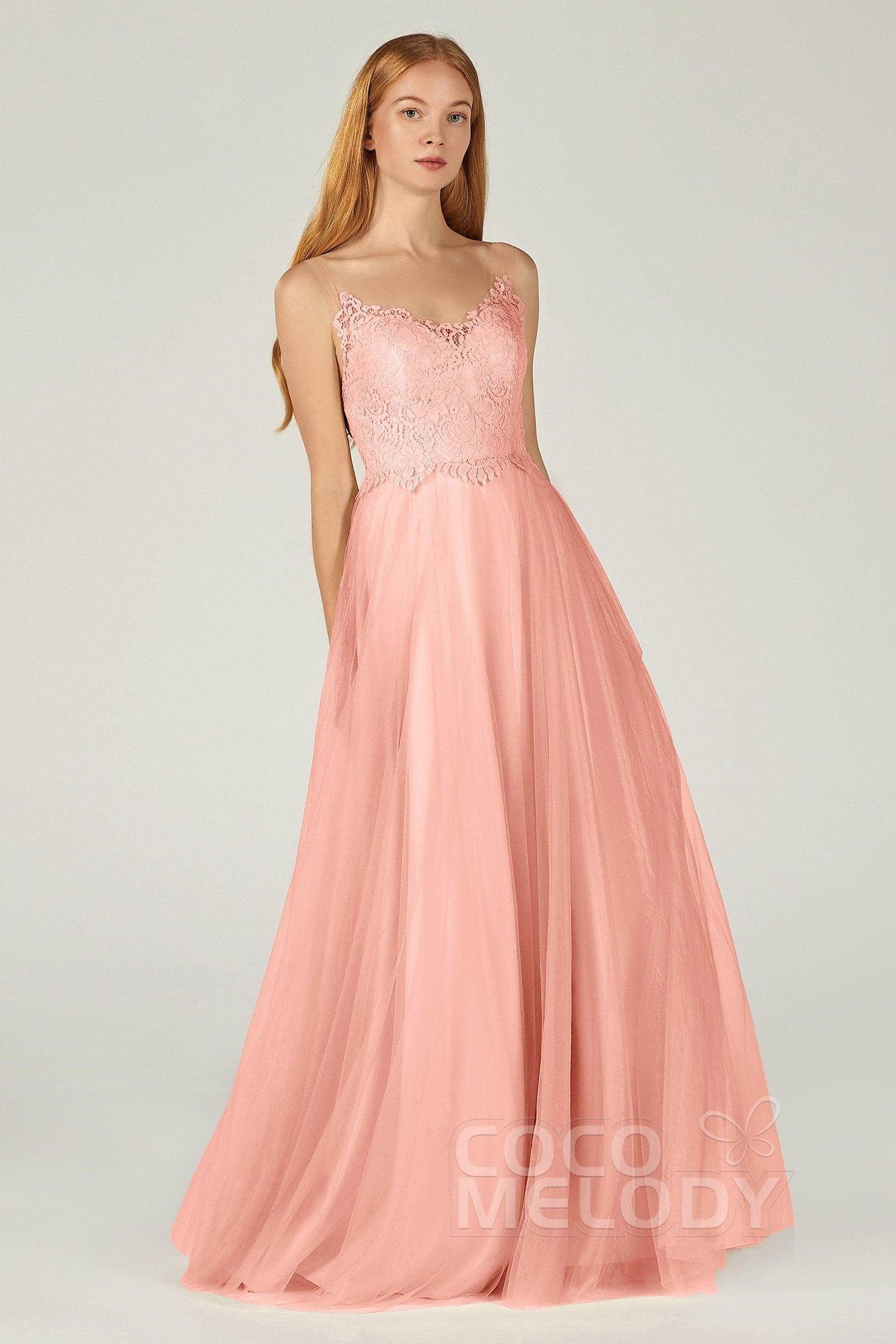 A-Line Floor Length Tulle Lace Bridesmaid Dress CB0378