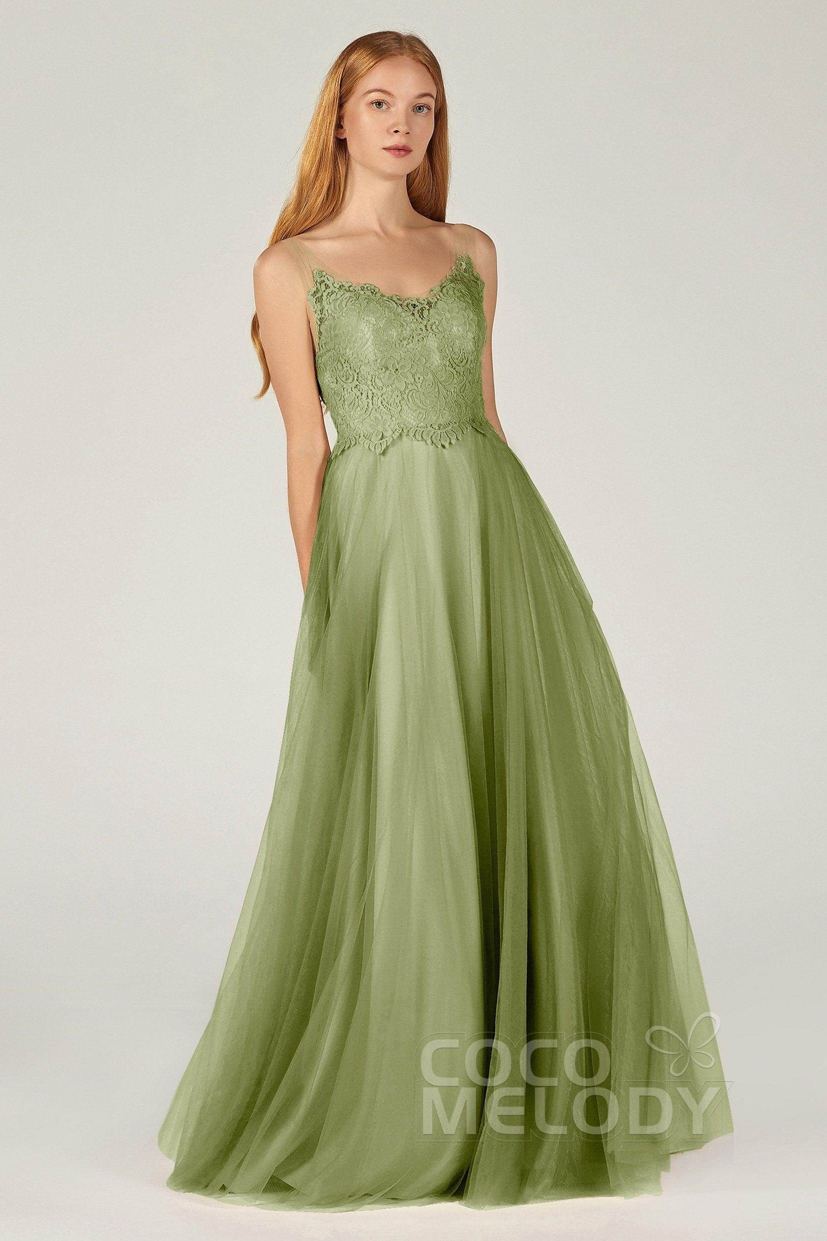 A-Line Floor Length Tulle Lace Bridesmaid Dress CB0378