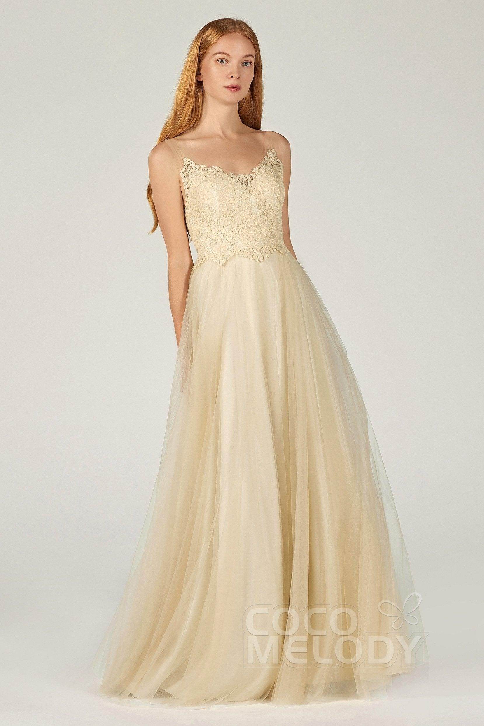 A-Line Floor Length Tulle Lace Bridesmaid Dress CB0378