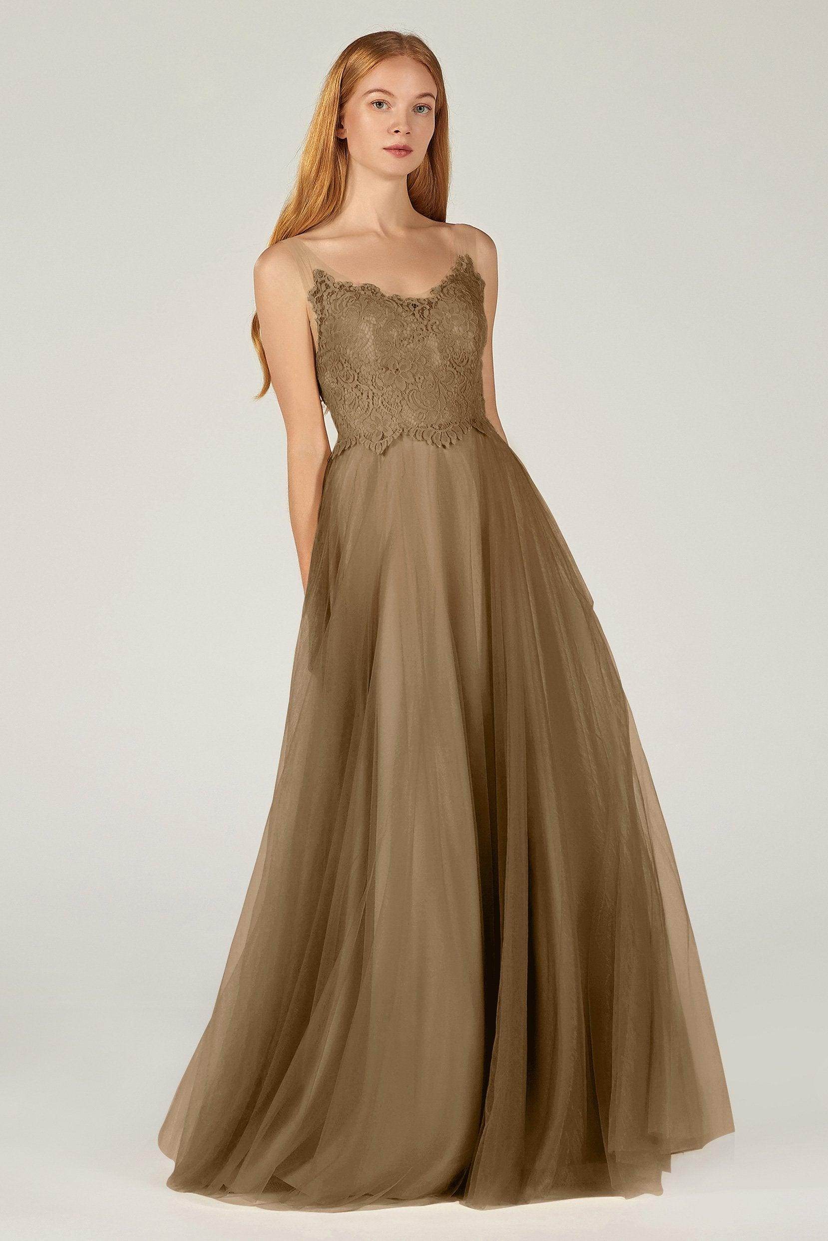 A-Line Floor Length Tulle Lace Bridesmaid Dress CB0378