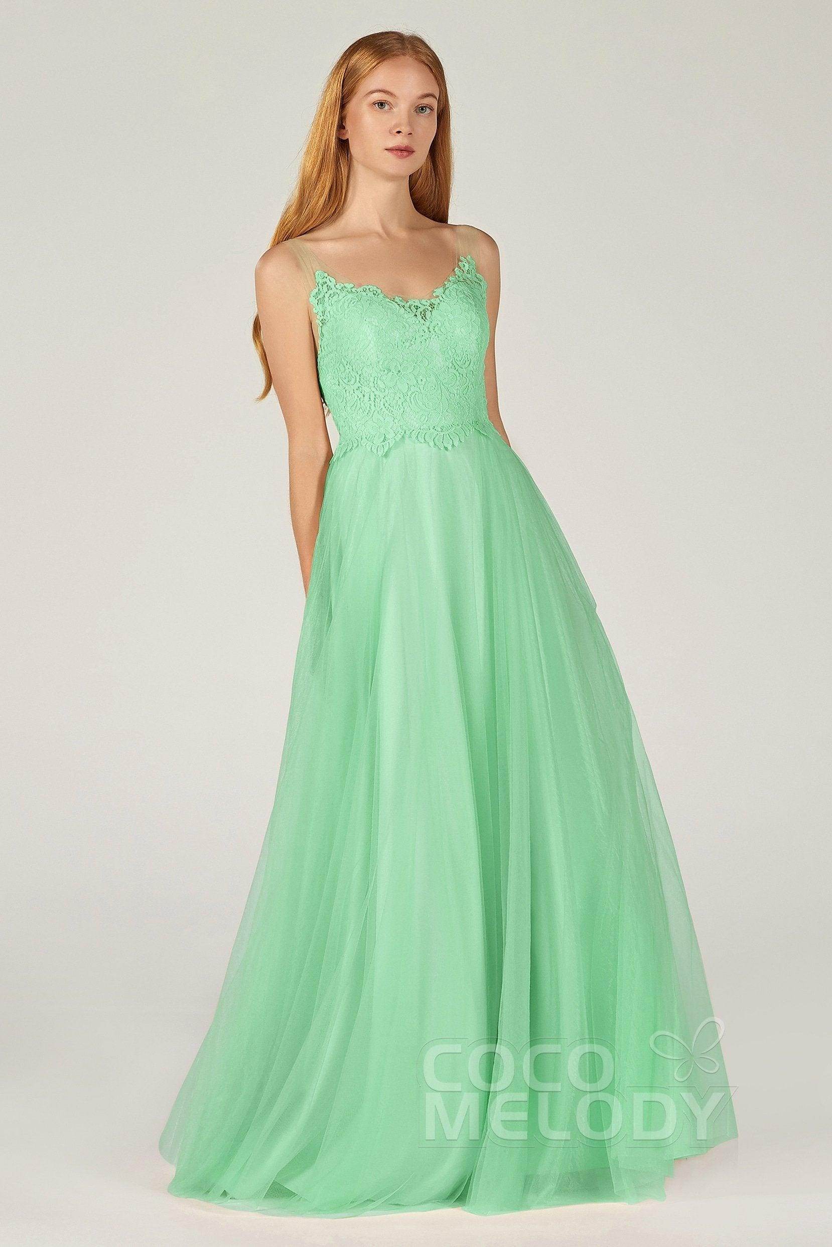 A-Line Floor Length Tulle Lace Bridesmaid Dress CB0378