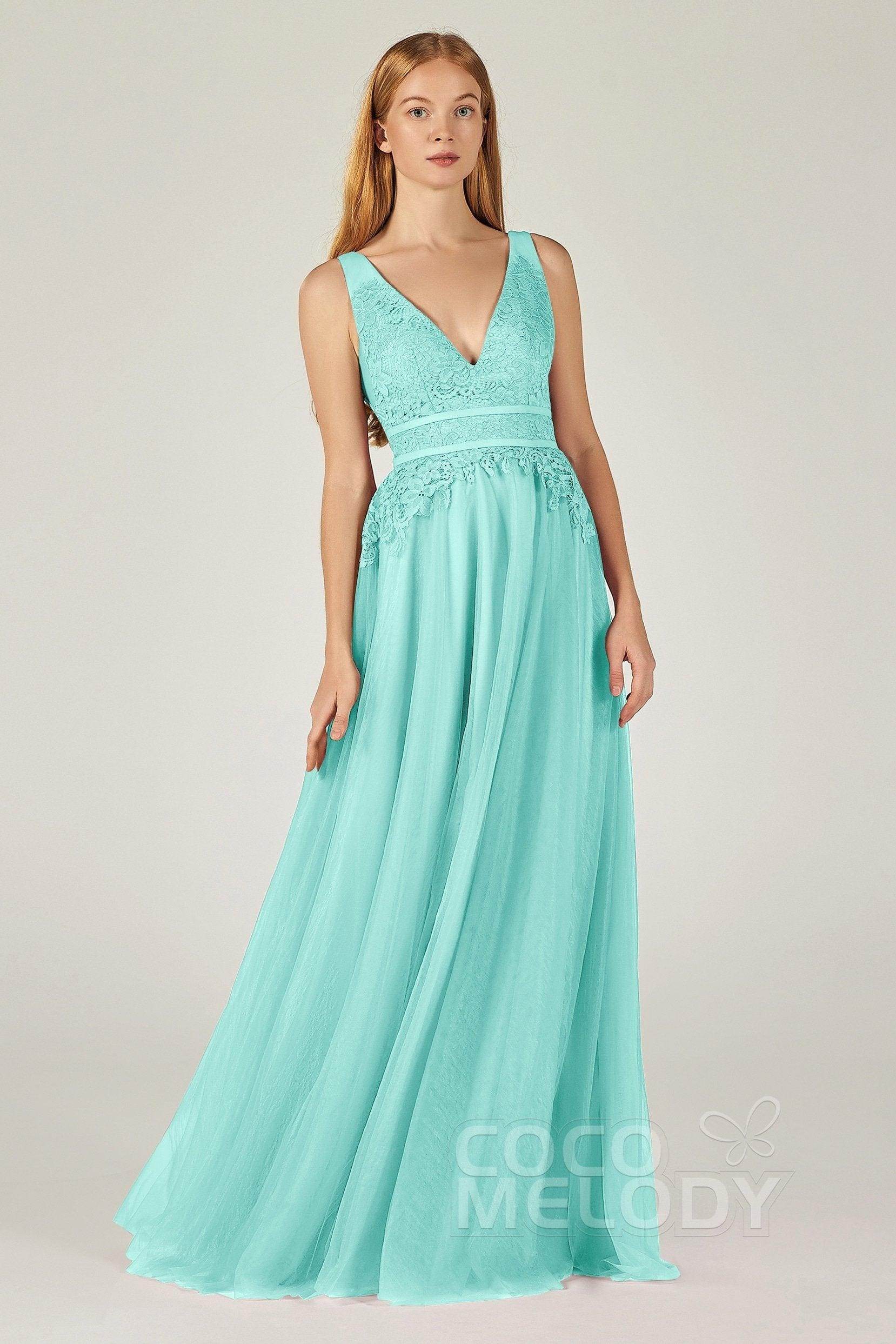 A-Line Floor Length Tulle Lace Bridesmaid Dress CB0379