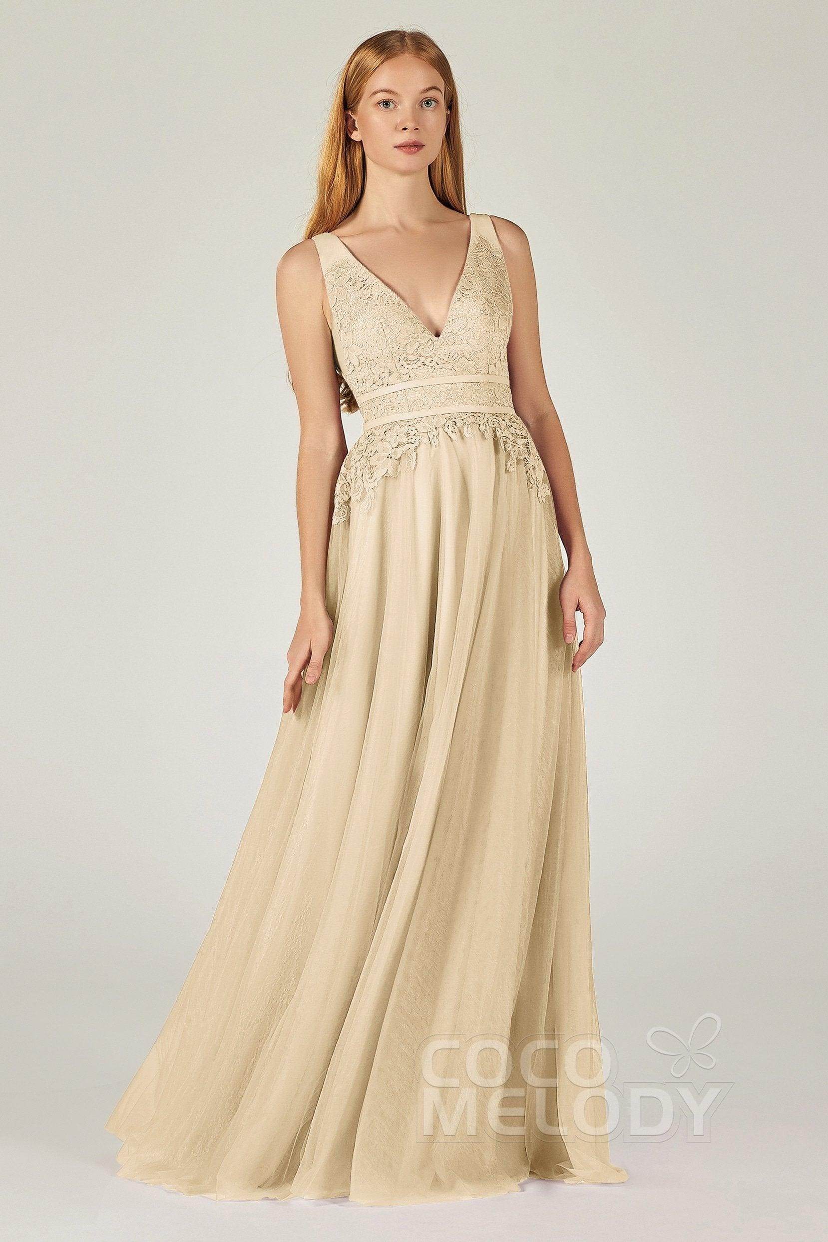 A-Line Floor Length Tulle Lace Bridesmaid Dress CB0379