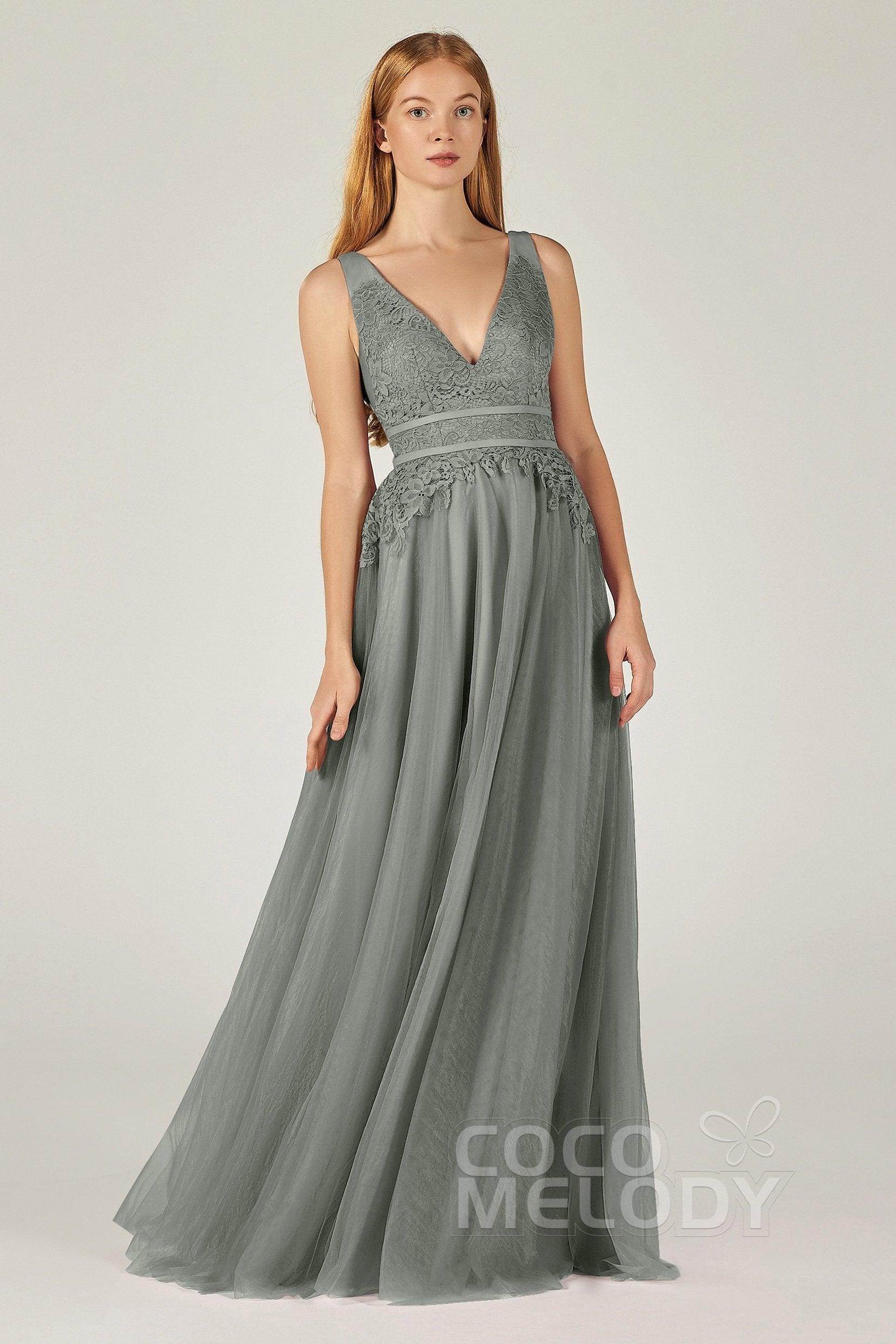 A-Line Floor Length Tulle Lace Bridesmaid Dress CB0379