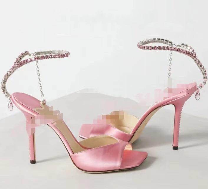 Glitter and Rhinestone Ankle Strap Square Stiletto Heels 695399992506