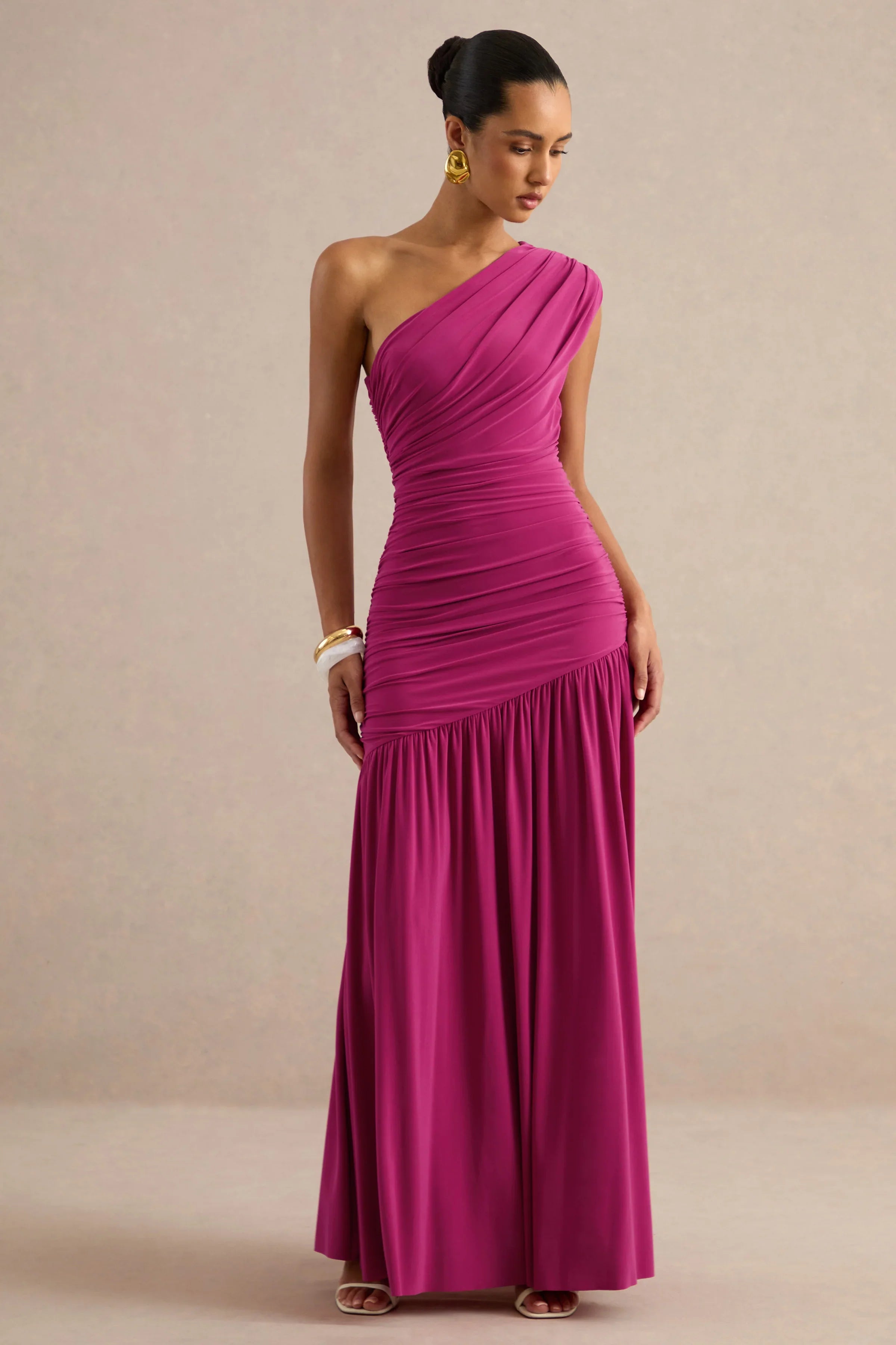 Alaya | Hot Pink Asymmetric-Neck Maxi Dress With Drop-Waist