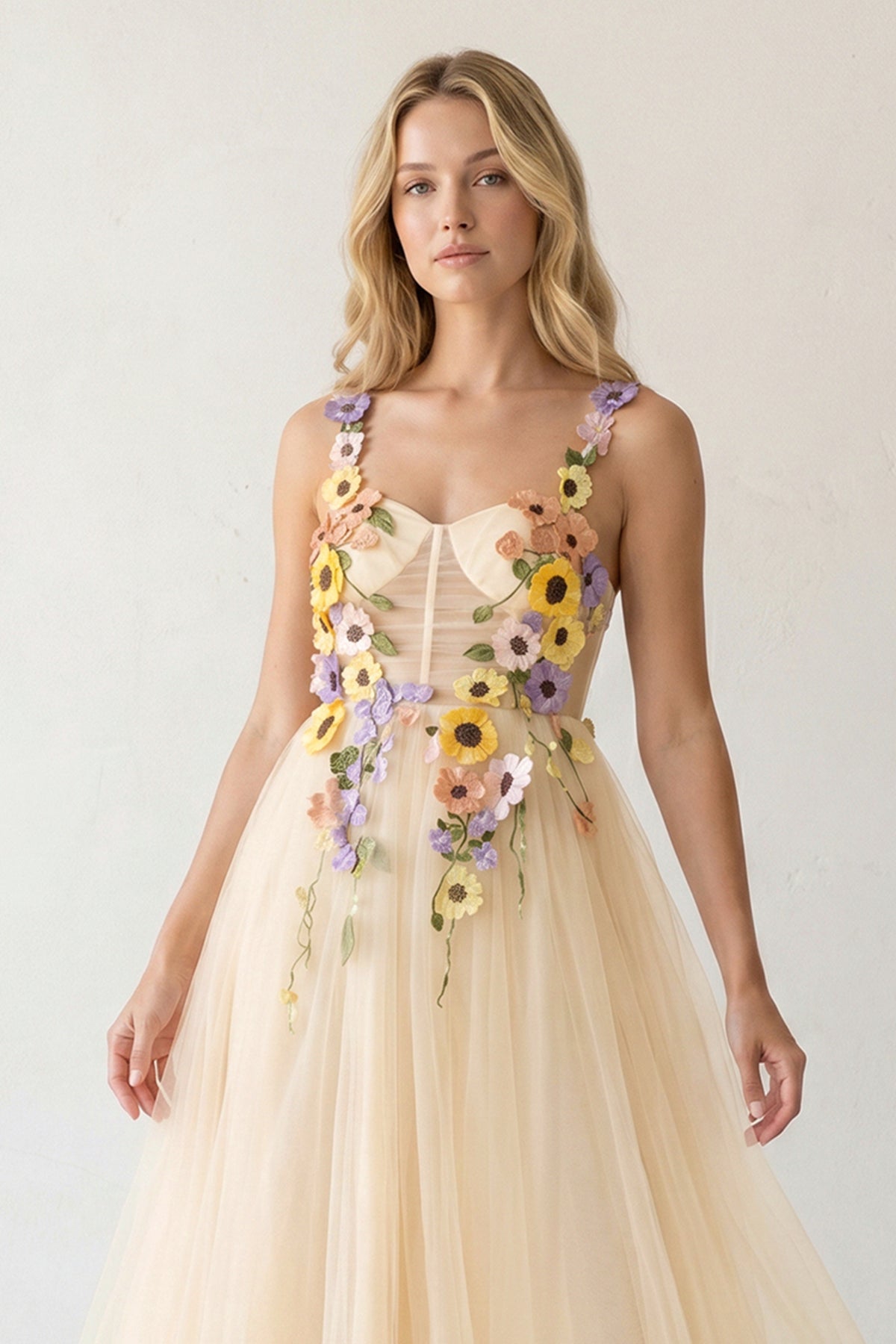 3D Flower Tulle Tea Length Prom Dresses
