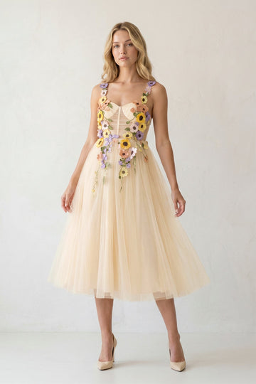 3D Flower Tulle Tea Length Prom Dresses