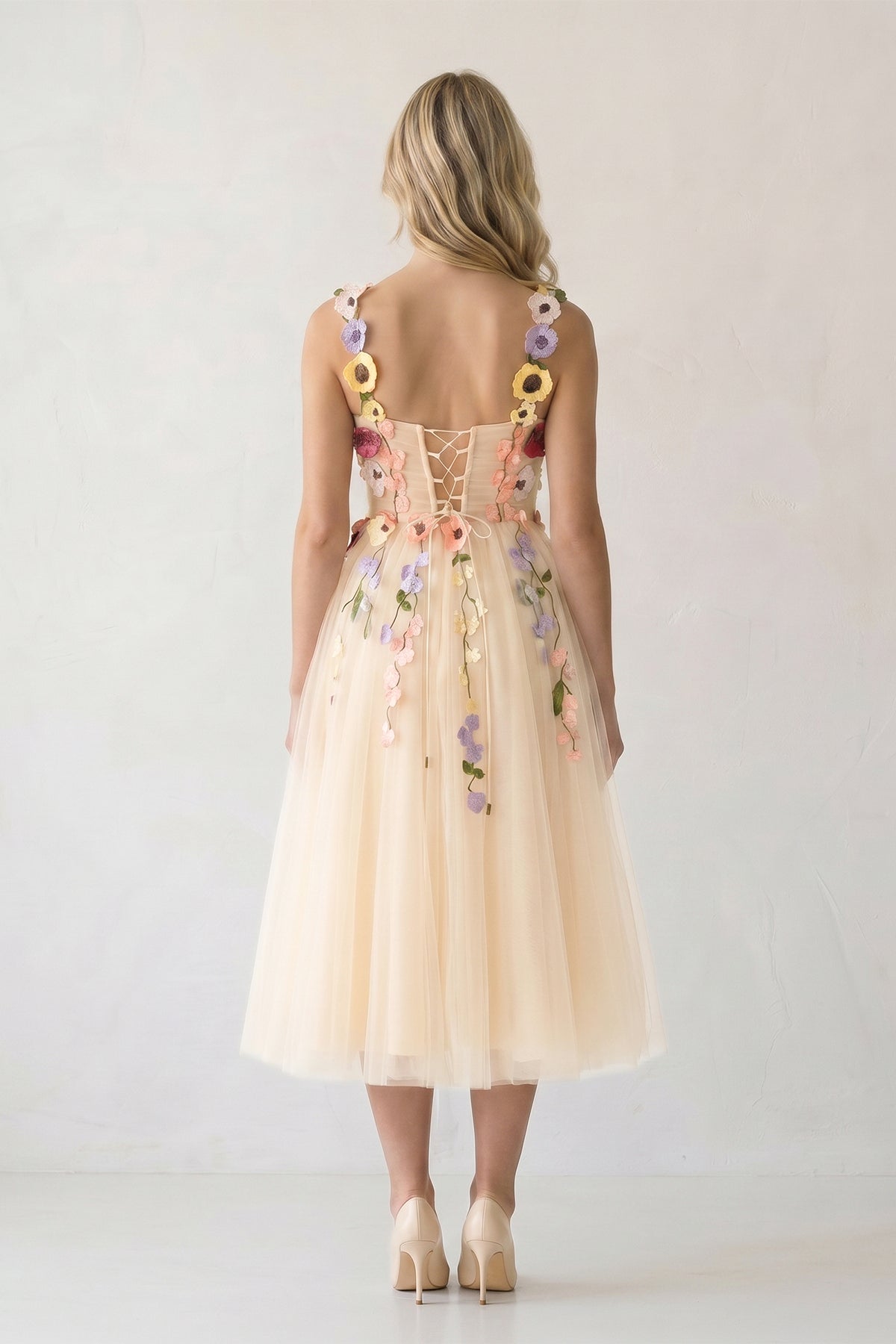 3D Flower Tulle Tea Length Prom Dresses