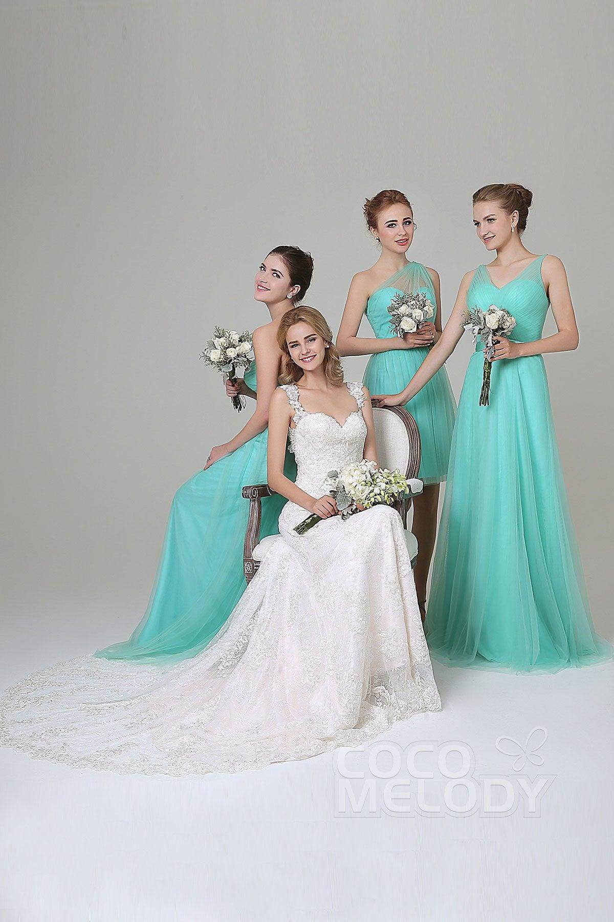 Sheath-Column Floor Length Tulle Bridesmaid Dress COZF1500E