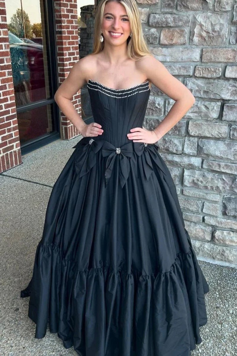 A-Line Black Strapless Satin Long Prom Dresses with Bow Knots
