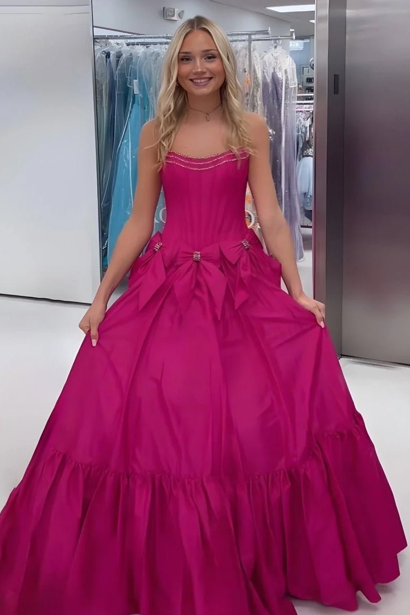 A-Line Black Strapless Satin Long Prom Dresses with Bow Knots