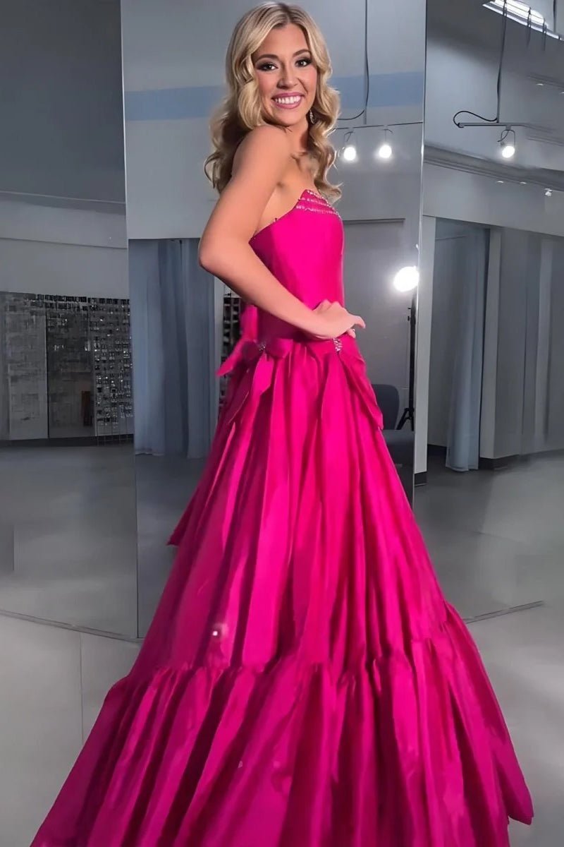 A-Line Black Strapless Satin Long Prom Dresses with Bow Knots