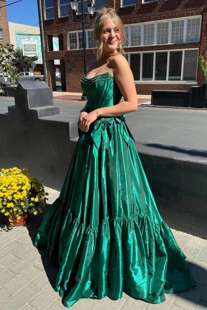 A-Line Black Strapless Satin Long Prom Dresses with Bow Knots