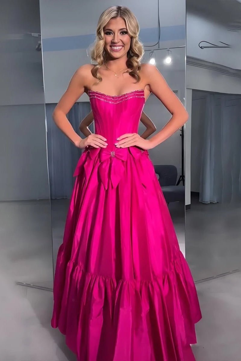 A-Line Black Strapless Satin Long Prom Dresses with Bow Knots