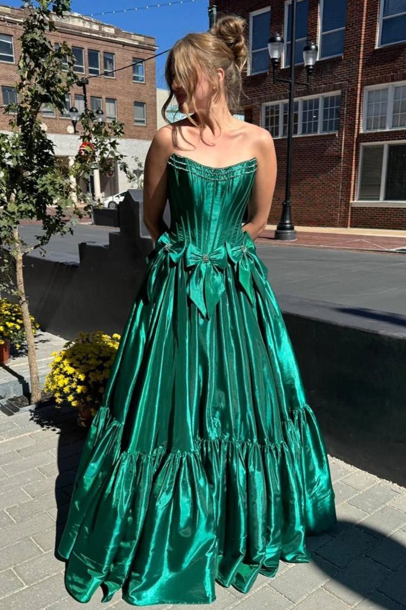 A-Line Black Strapless Satin Long Prom Dresses with Bow Knots