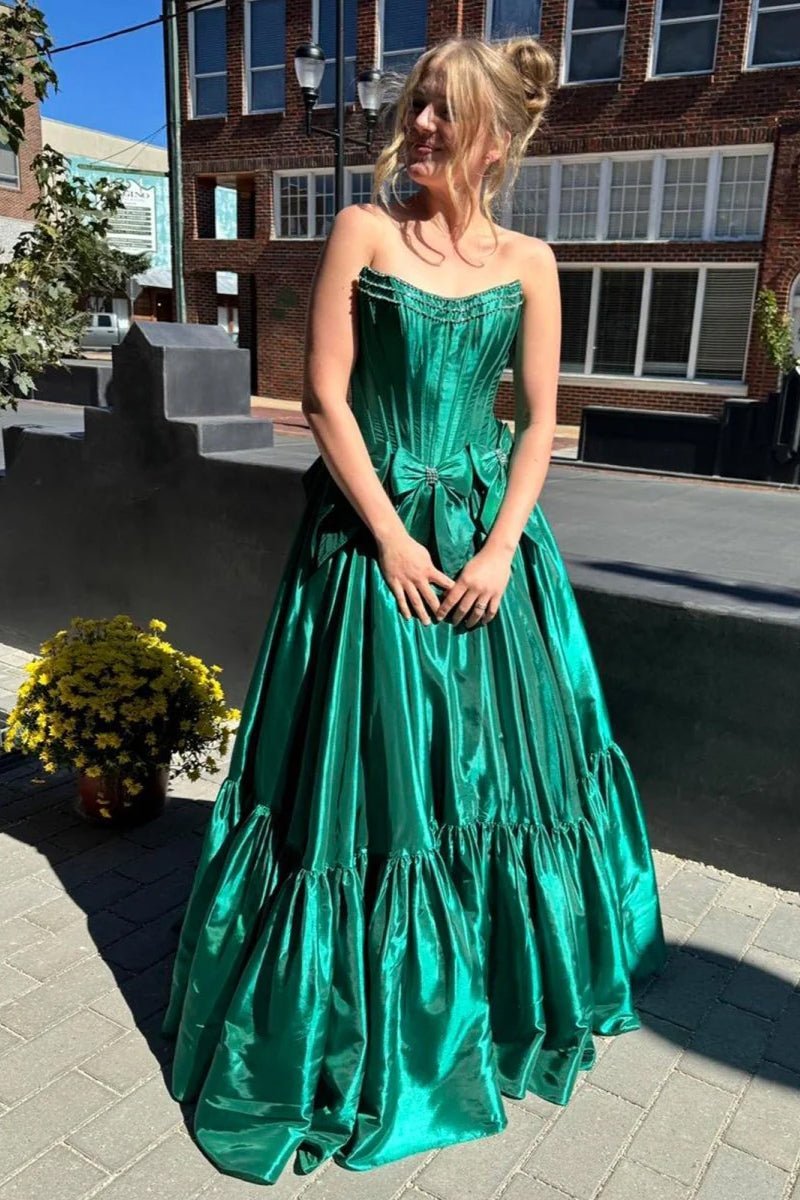 A-Line Black Strapless Satin Long Prom Dresses with Bow Knots