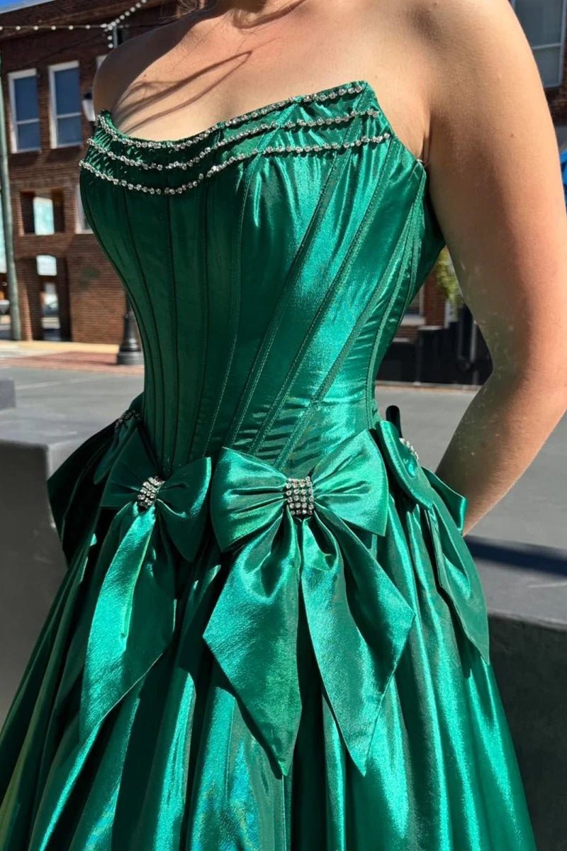 A-Line Black Strapless Satin Long Prom Dresses with Bow Knots