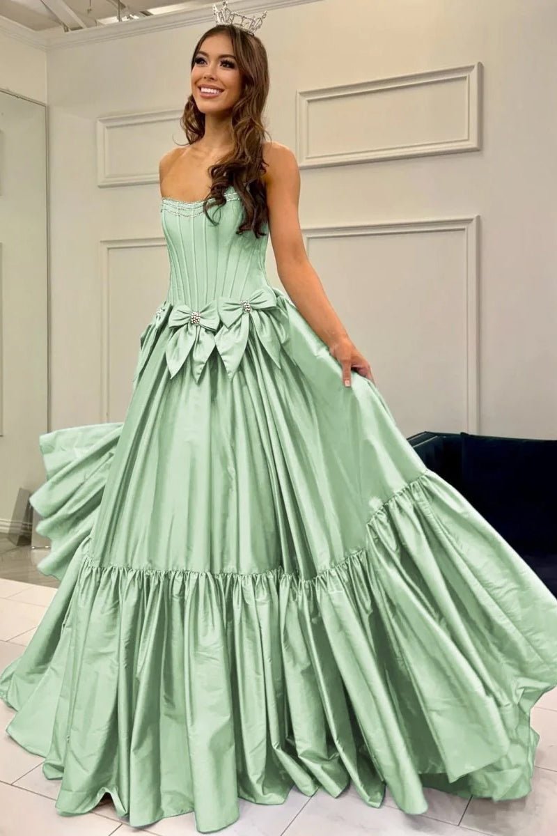A-Line Black Strapless Satin Long Prom Dresses with Bow Knots