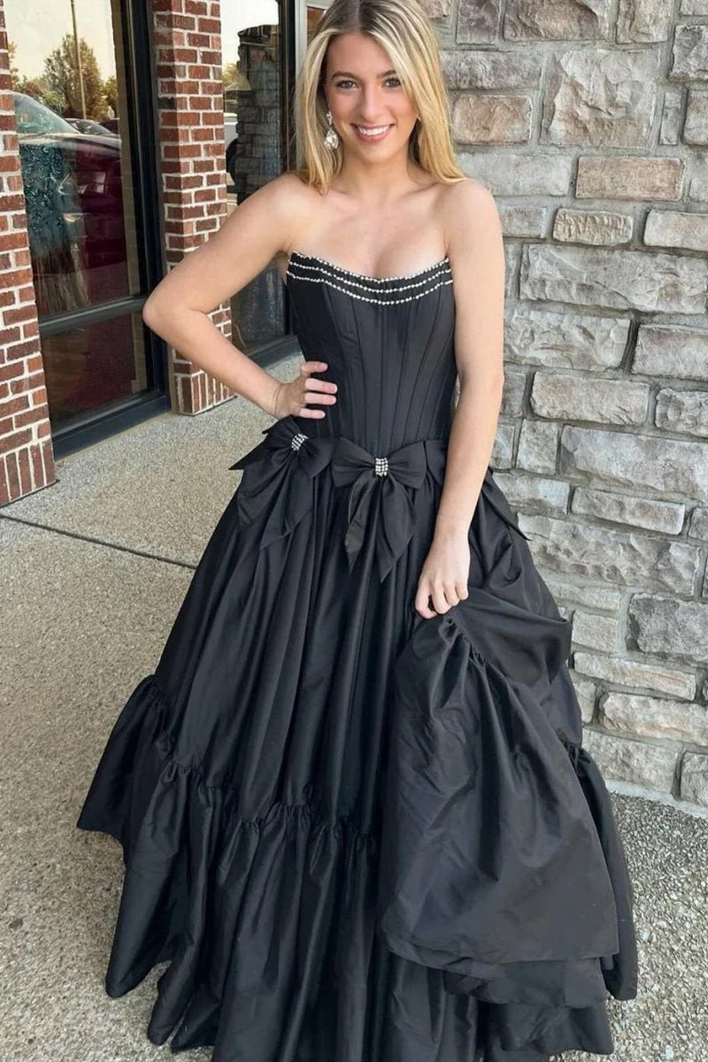 A-Line Black Strapless Satin Long Prom Dresses with Bow Knots
