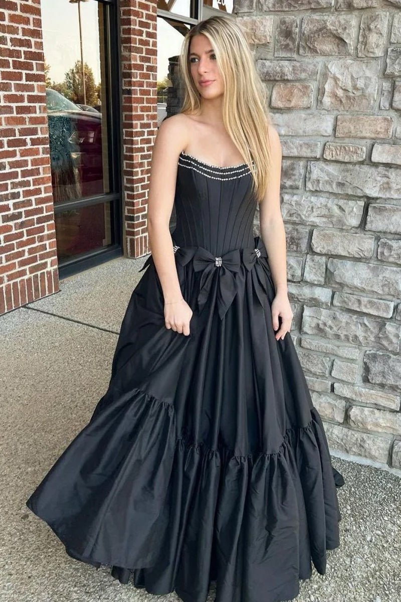 A-Line Black Strapless Satin Long Prom Dresses with Bow Knots