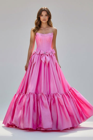A-Line Black Strapless Satin Long Prom Dresses with Bow Knots